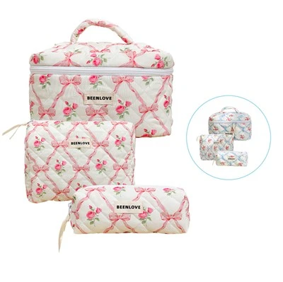 3pcs Cotton Quilted Makeup Bag Floral Coquette Makeup Bag